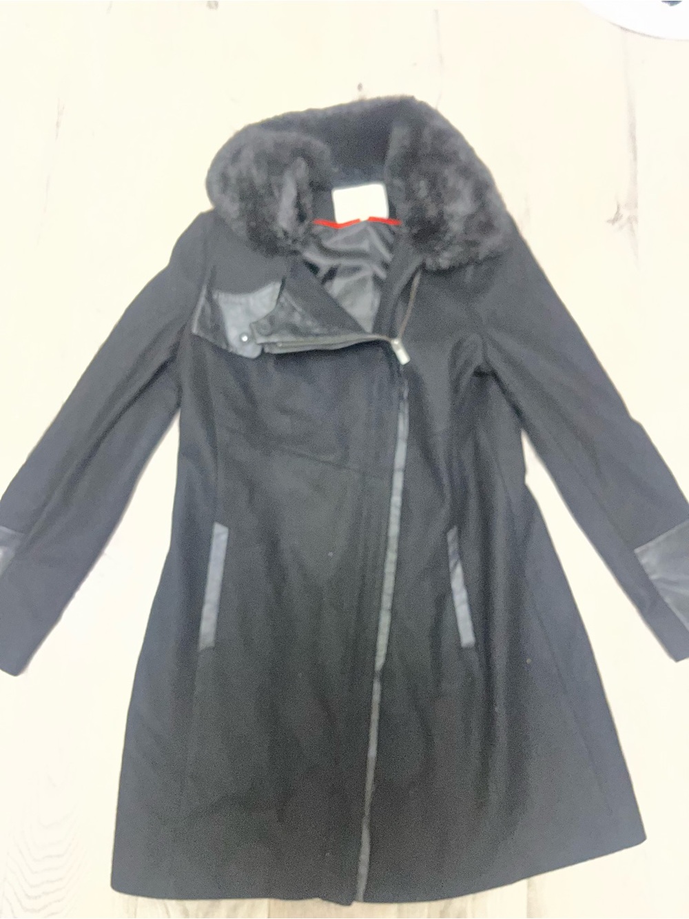 Rachel Roy Black Women's Wool-Blend Coat with Faux Fur Collar